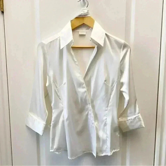 Suzy Shier Wrap Blouse White Satin V Neck 3/4 Sleeve Tie Waist Sash Belt XS - Picture 4 of 16
